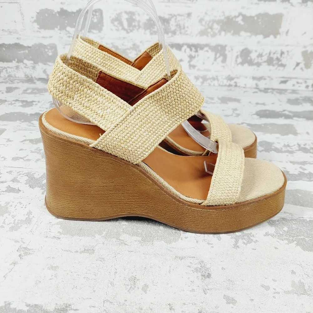 NEW Lucky Brand Delukah Cream Tan Ankle Strap Slingback Wedge Sandals V29 - Picture 5 of 12